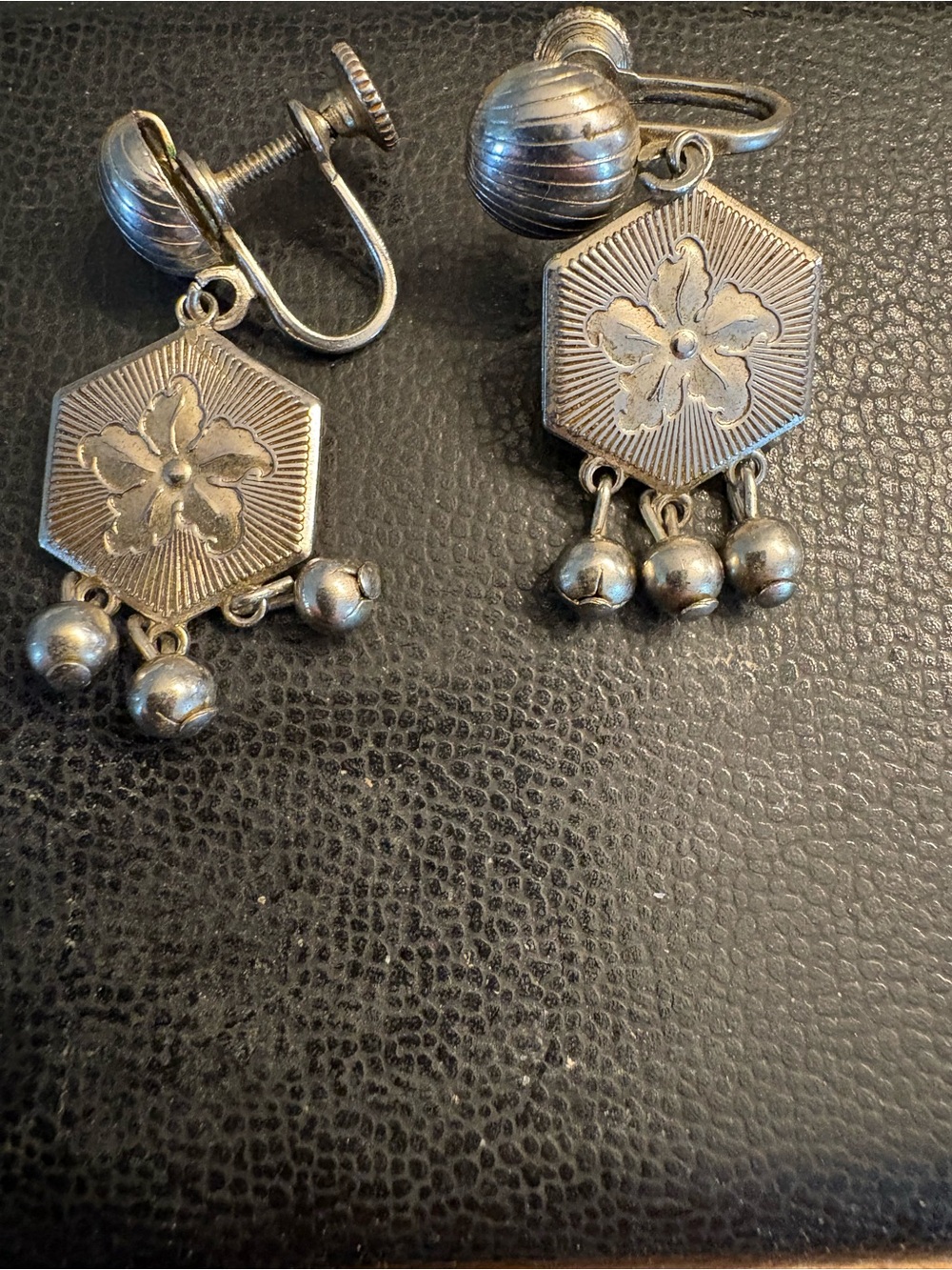 Vintage Silver-Tone Floral Hexagon Dangle Clip-On Earrings
